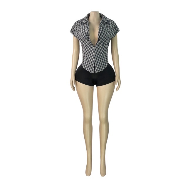 Plaid Collared Deep V-neck Fitted Sleeveless Top