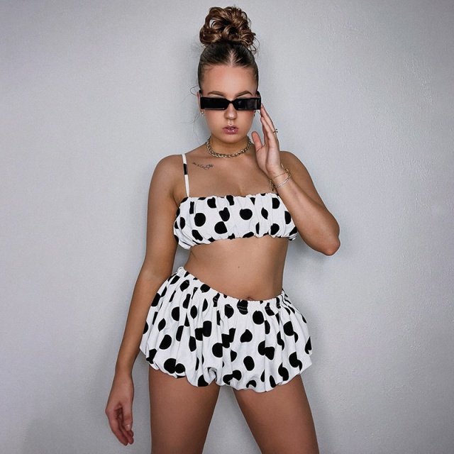 Polka Dots Cropped Tank Top Short Set