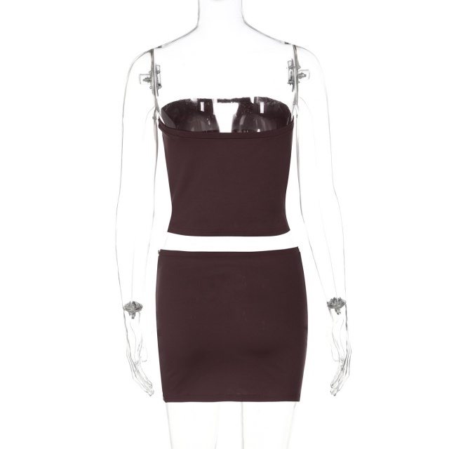 Strapless Button-decorated Tube Top Skirt Set