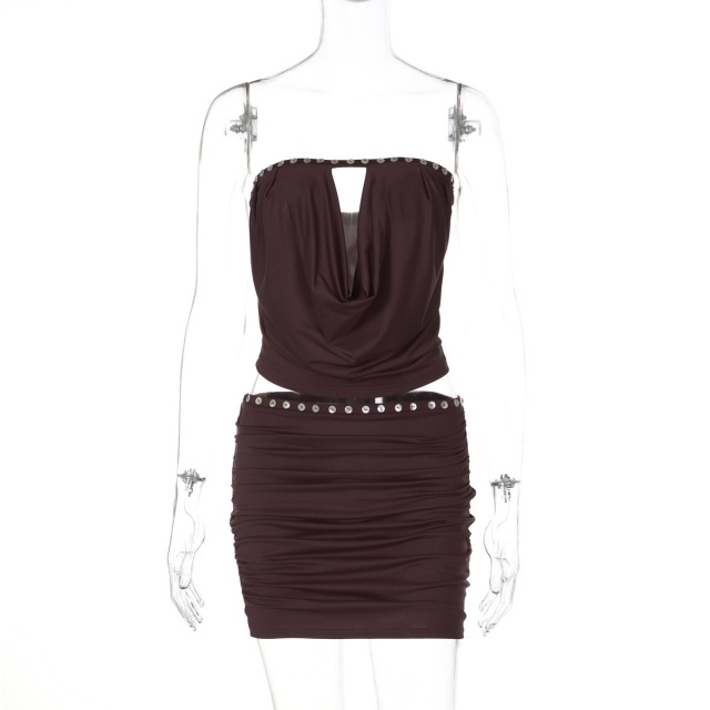 Strapless Button-decorated Tube Top Skirt Set