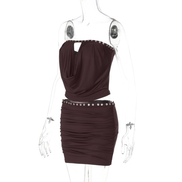 Strapless Button-decorated Tube Top Skirt Set