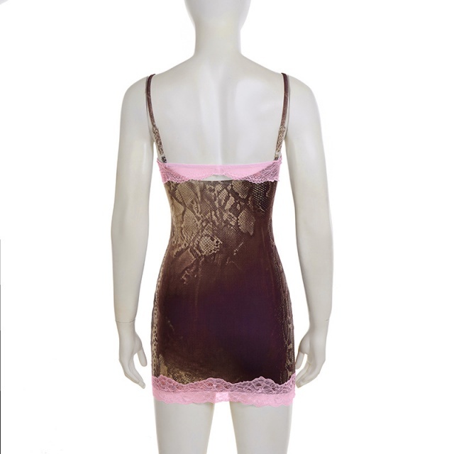 Snakeskin Printed Cami Lacy Bodycon Dress