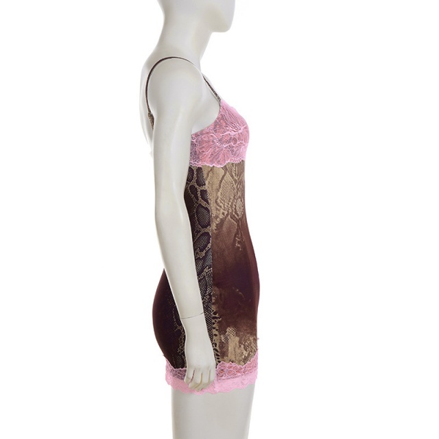 Snakeskin Printed Cami Lacy Bodycon Dress