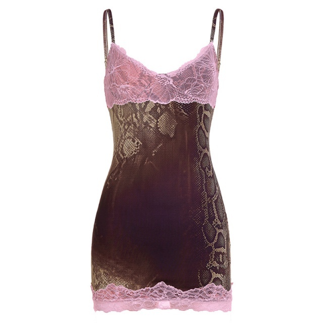 Snakeskin Printed Cami Lacy Bodycon Dress