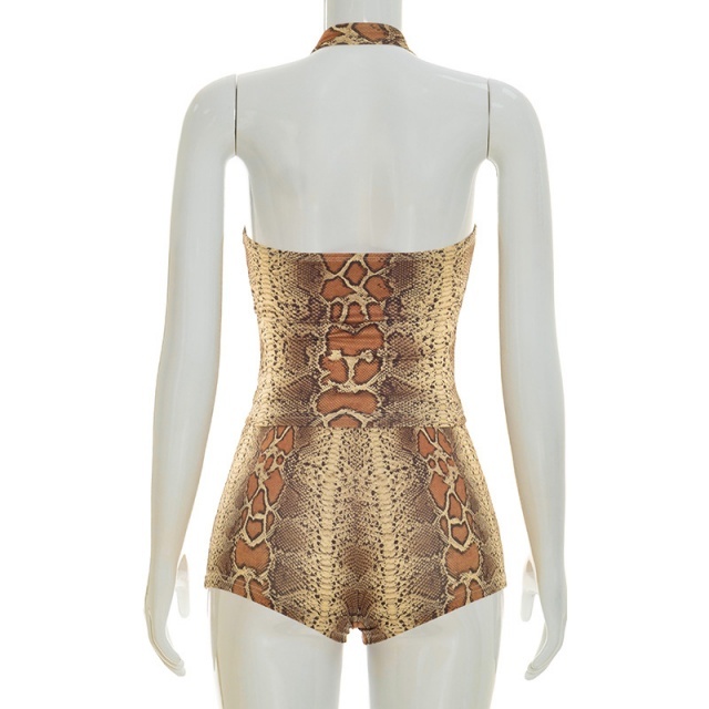 Snakeskin Printed Halter Neck Top Slim Short Set