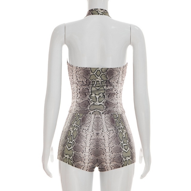 Snakeskin Printed Halter Neck Top Slim Short Set