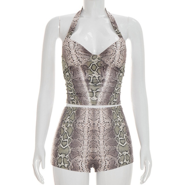 Snakeskin Printed Halter Neck Top Slim Short Set