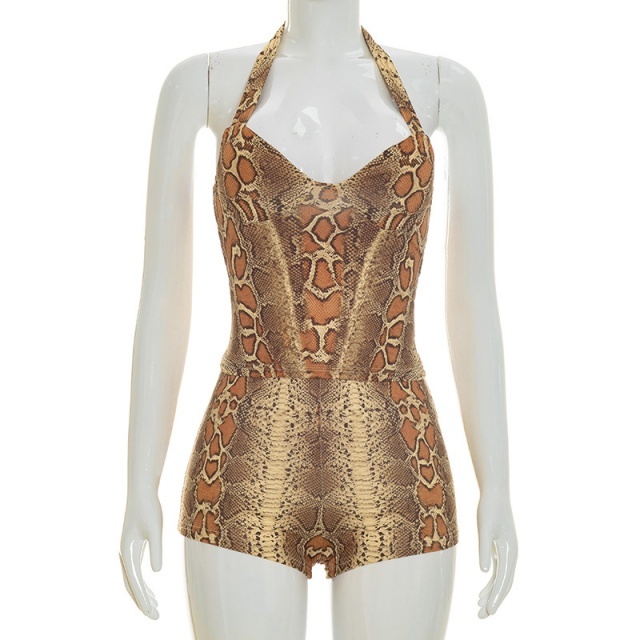 Snakeskin Printed Halter Neck Top Slim Short Set