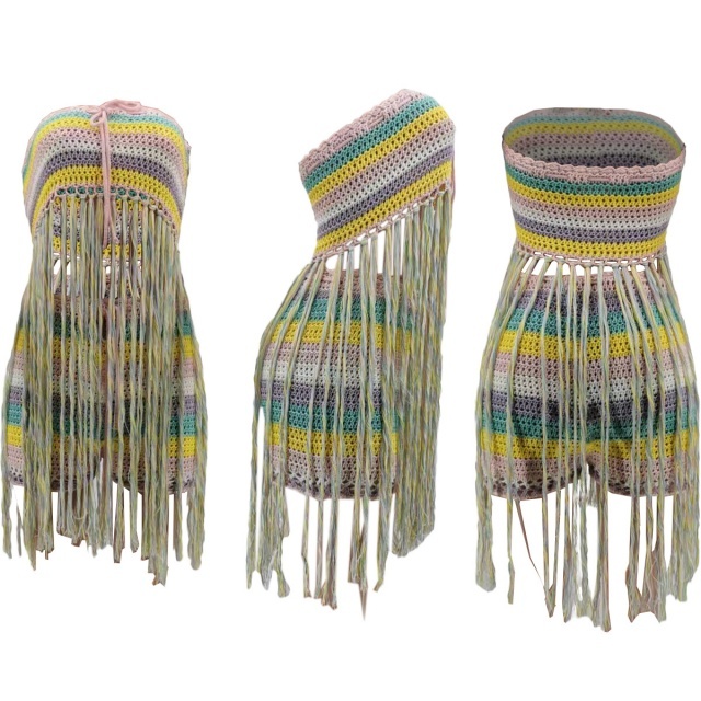 Colorful Crochet Tassel Tube Top Short Set