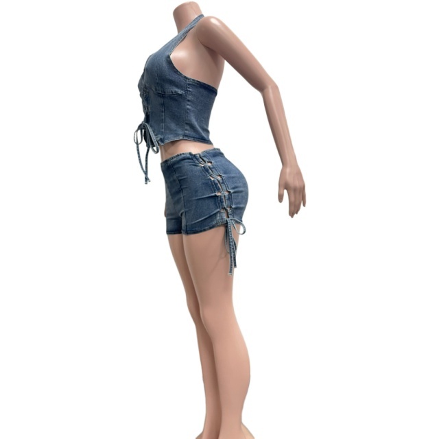 Halter-Neck Tie-Strap Style Washed Denim Short Set