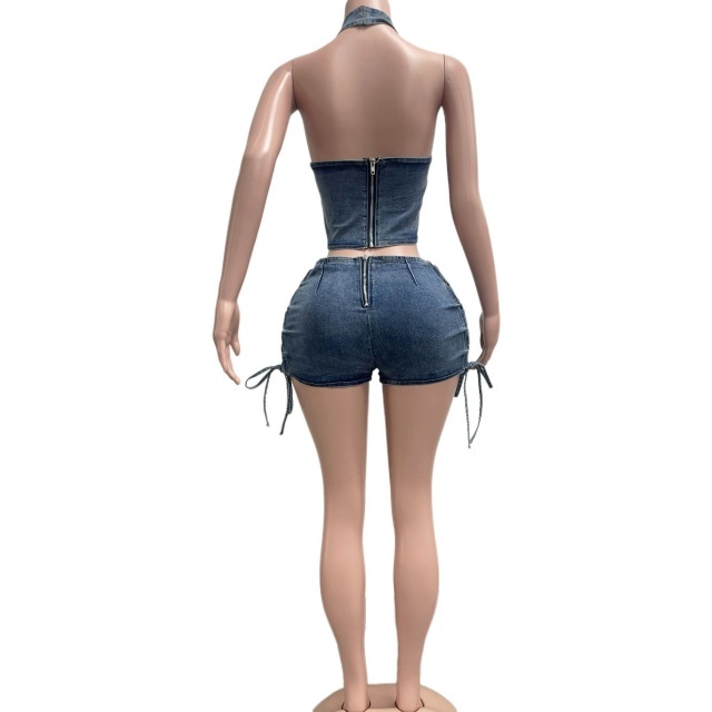 Halter-Neck Tie-Strap Style Washed Denim Short Set