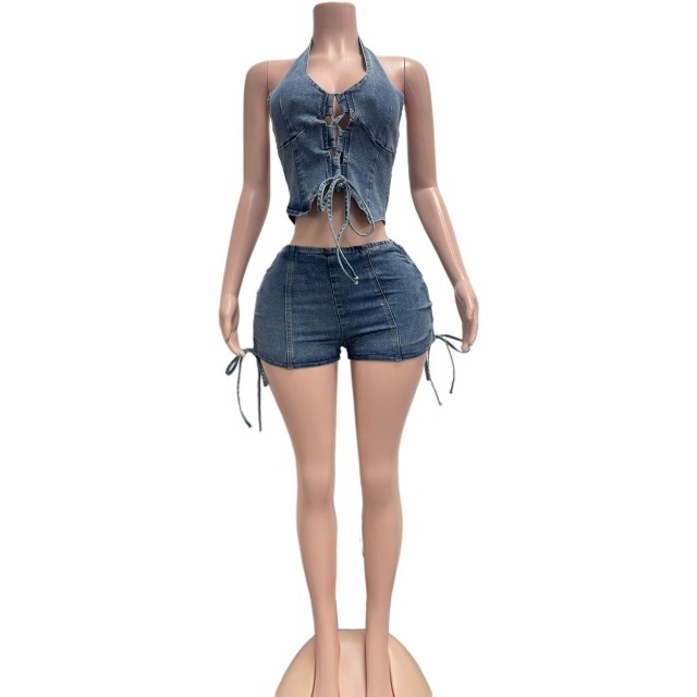 Halter-Neck Tie-Strap Style Washed Denim Short Set