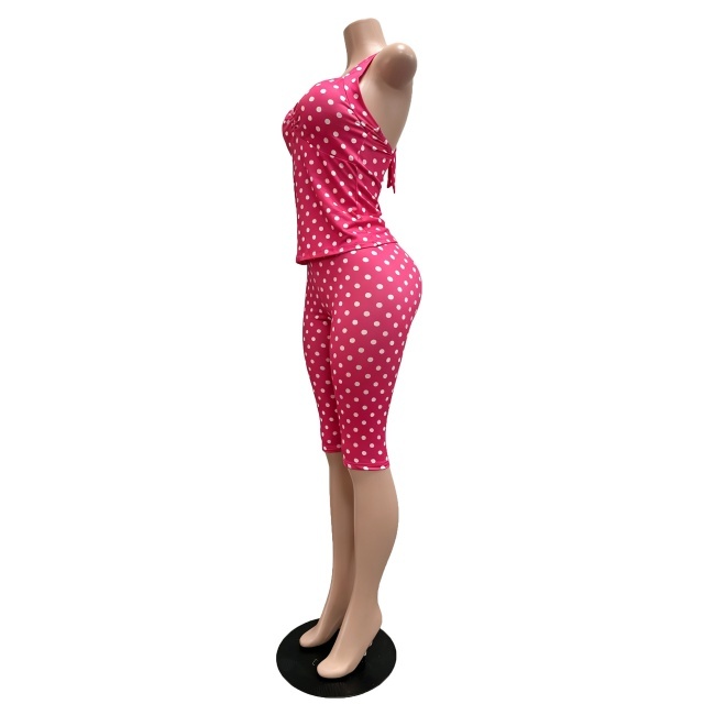 Polka Dots Printed Halter Top Slim Fit Midi Pant Set