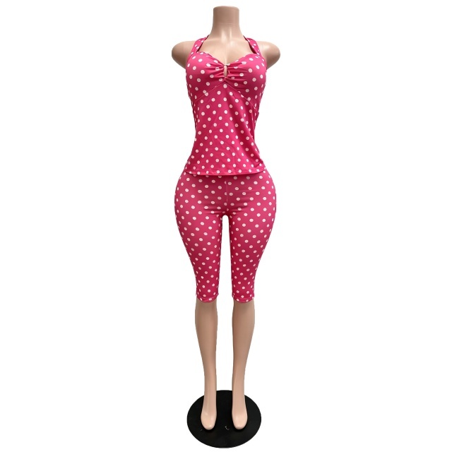 Polka Dots Printed Halter Top Slim Fit Midi Pant Set