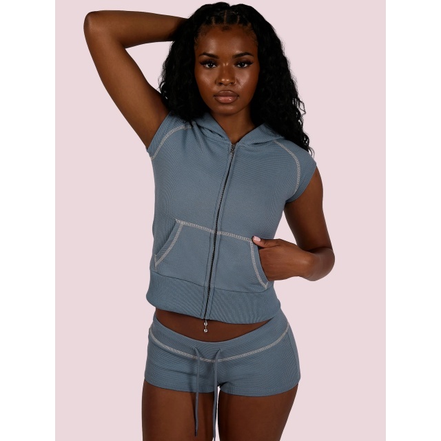 Zipper Up Hooded Top Slim Fit Short Set