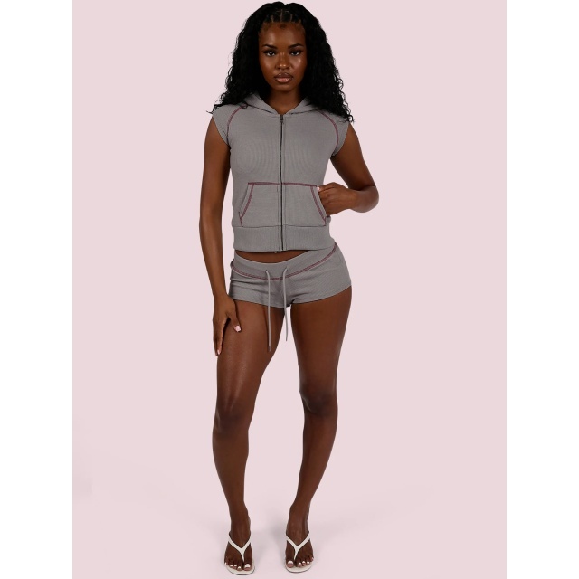 Zipper Up Hooded Top Slim Fit Short Set