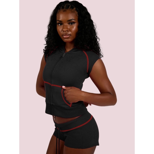 Zipper Up Hooded Top Slim Fit Short Set