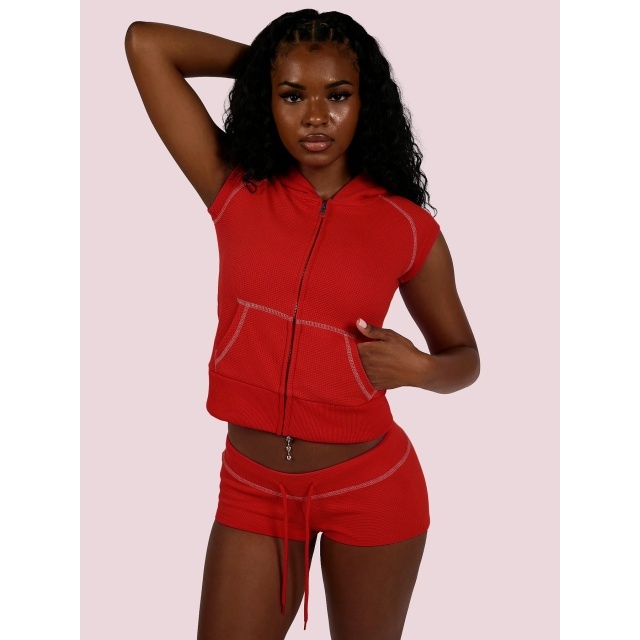 Zipper Up Hooded Top Slim Fit Short Set