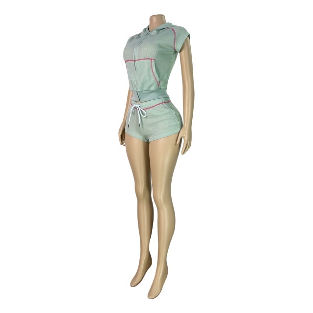 Zipper Up Hooded Top Slim Fit Short Set