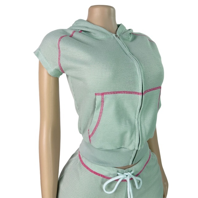 Zipper Up Hooded Top Slim Fit Short Set