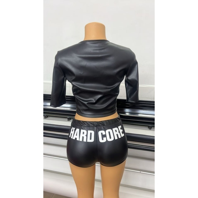 HARD CORE Zipper Up Leather Top Slim Fit Short Set