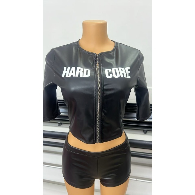 HARD CORE Zipper Up Leather Top Slim Fit Short Set