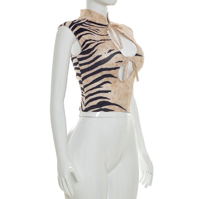 Printed Hollow Out Tied-up Cropped Top
