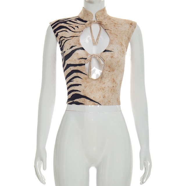 Printed Hollow Out Tied-up Cropped Top