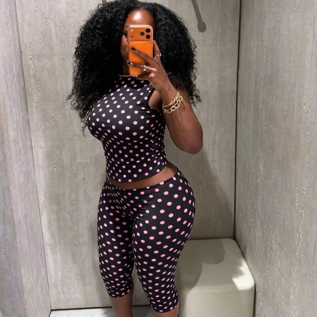 Polka Dots Printed Sleeveless Top Slim Fit Midi Pant Set