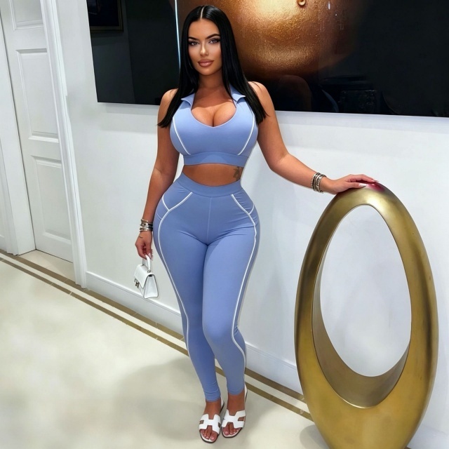 Sleeveless Crop Top Colorblock Fitted Pant Set