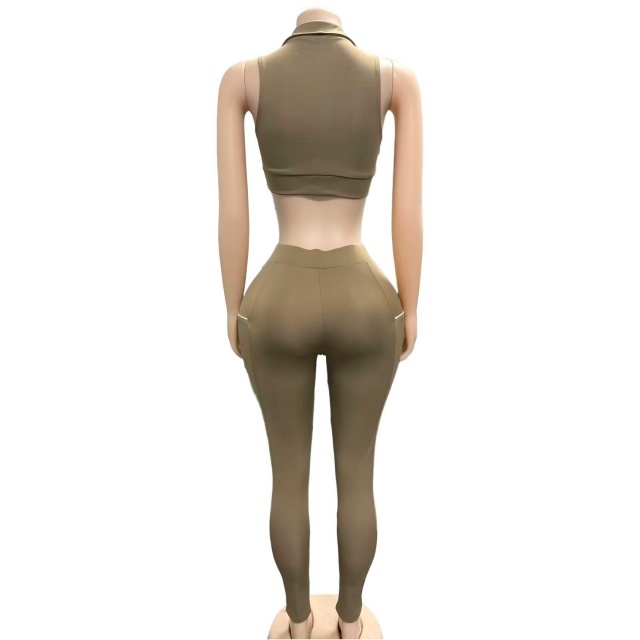 Sleeveless Crop Top Colorblock Fitted Pant Set