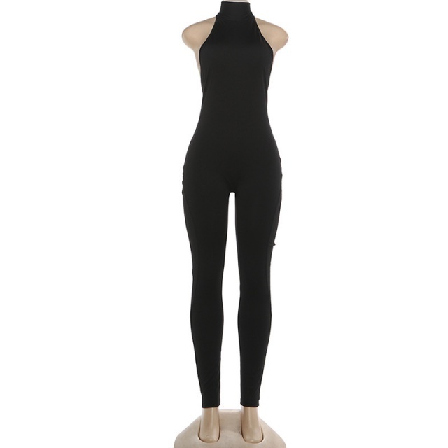 Solid Color Halter Neck Backless Slim Fit Jumpsuit
