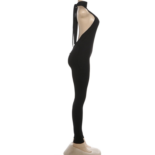 Solid Color Halter Neck Backless Slim Fit Jumpsuit