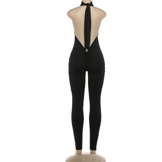 Solid Color Halter Neck Backless Slim Fit Jumpsuit