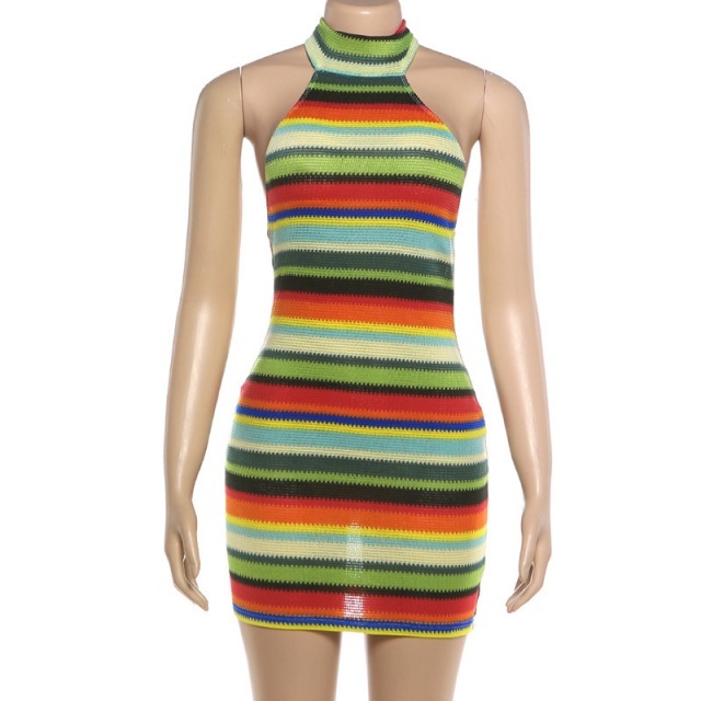 Striped Halter Neck Backless Bodycon Dress