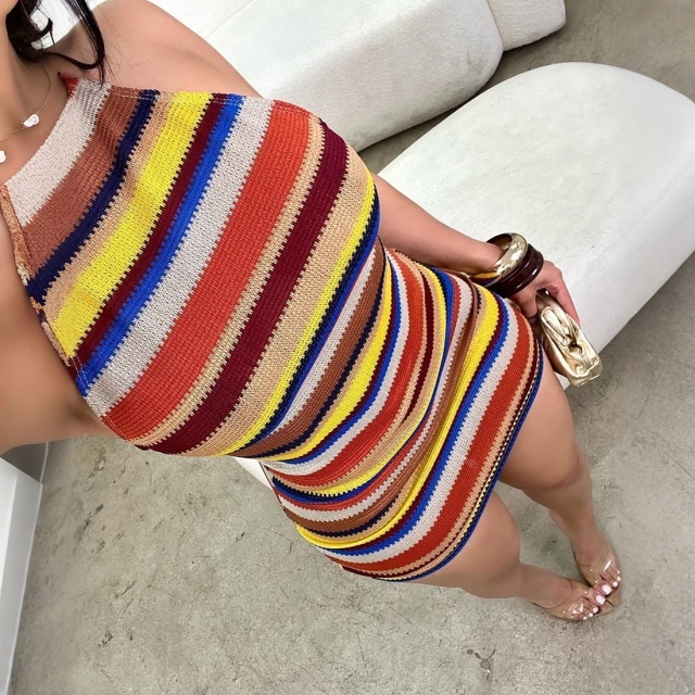 Striped Halter Neck Backless Bodycon Dress
