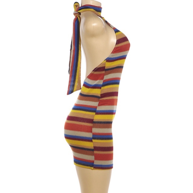 Striped Halter Neck Backless Bodycon Dress