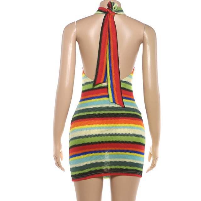 Striped Halter Neck Backless Bodycon Dress