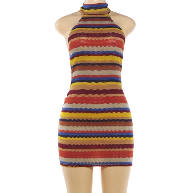 Striped Halter Neck Backless Bodycon Dress