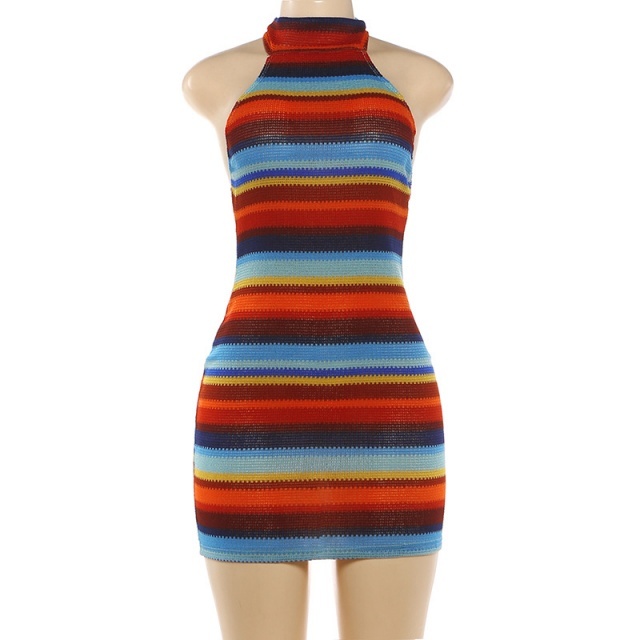 Striped Halter Neck Backless Bodycon Dress
