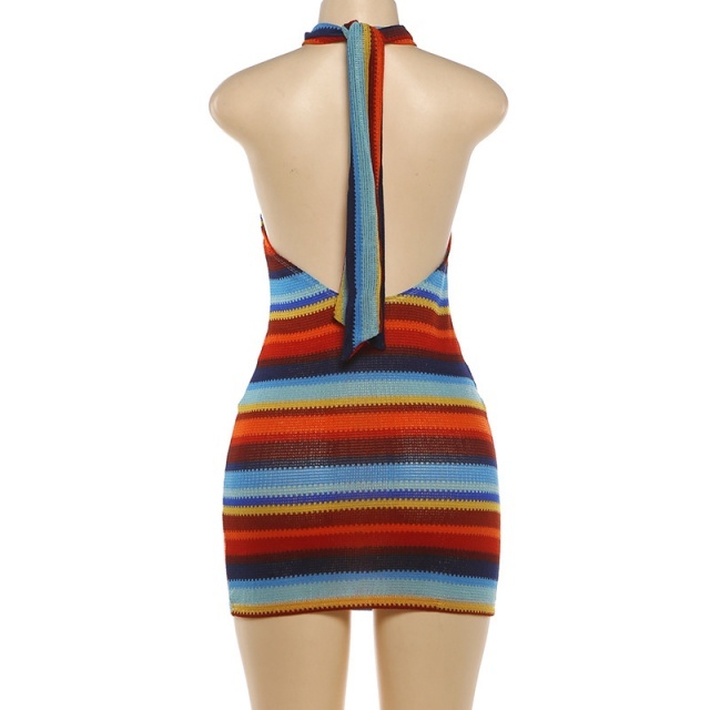 Striped Halter Neck Backless Bodycon Dress