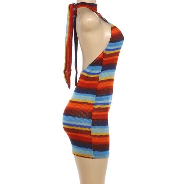Striped Halter Neck Backless Bodycon Dress