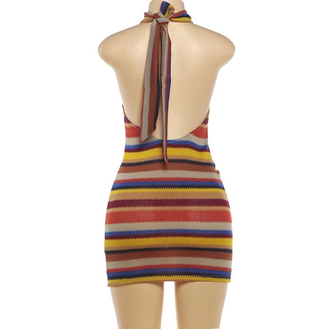 Striped Halter Neck Backless Bodycon Dress