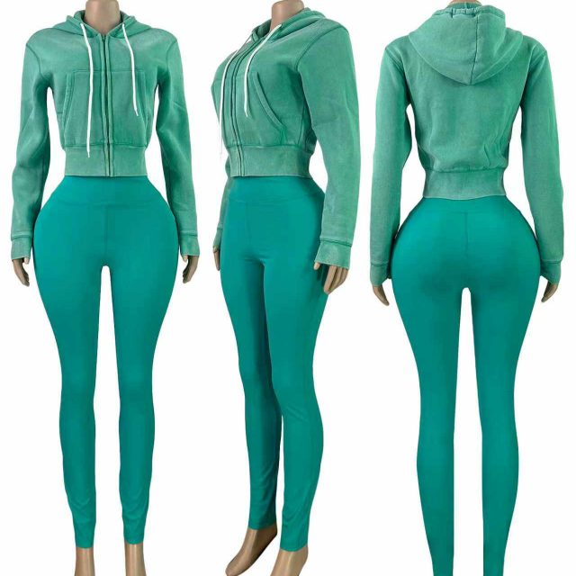 Washed Zipper Hooded Sweatshirt Top Skinny Pants Set