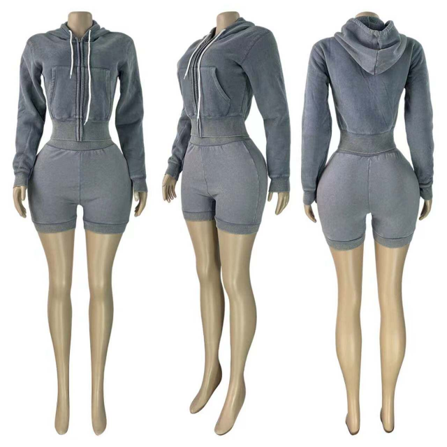 Washed Distressed Slim Shorts Set