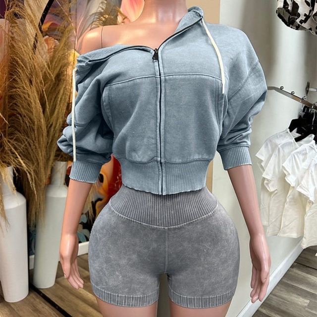 Washed Distressed Slim Shorts Set