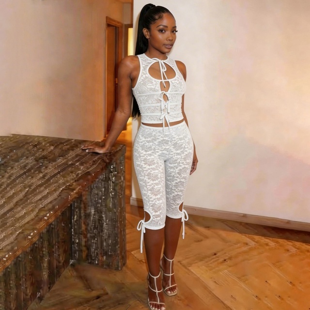 Hollow Out Tied-up See Through Lace Pant Set