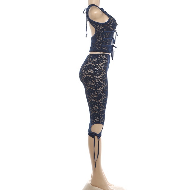 Hollow Out Tied-up See Through Lace Pant Set