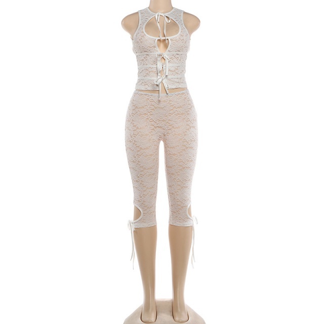 Hollow Out Tied-up See Through Lace Pant Set