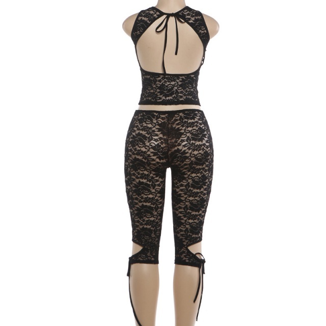 Hollow Out Tied-up See Through Lace Pant Set